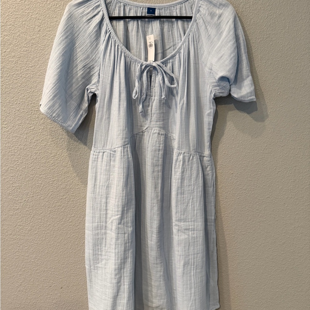 Light Blue Tie-Neck Cotton Dress